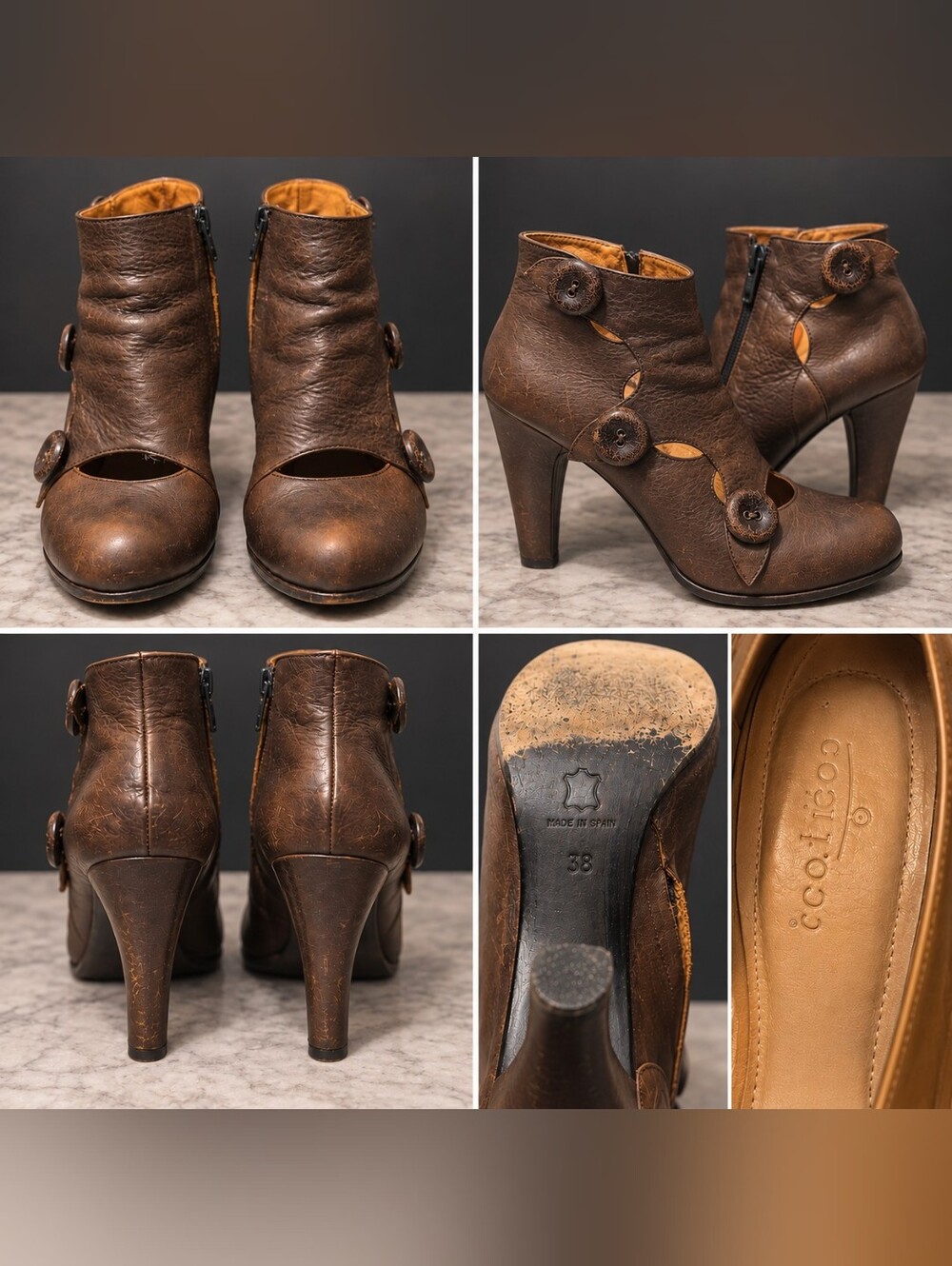 Coclico Brown Leather Button Cutout Ankle Booties – Size 38 U.S. 7.5